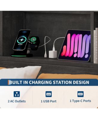King Bed Frame with Storage Bookcase Headboard & 4 Drawers, Wood Platform Bed with Charging Station,No Box Spring, Ink