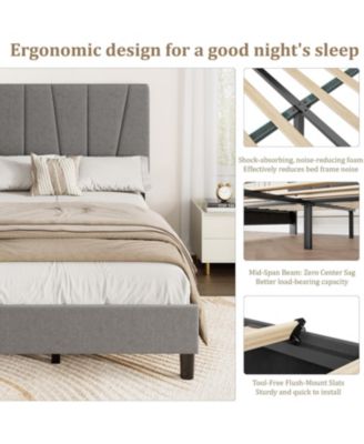 Twin Platform Bed with Adjustable Headboard, Linen Upholstered Frame, Wood Slats