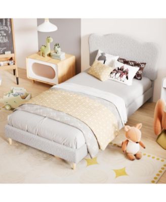 Kids Twin XL Platform Bed Frame with Adjustable Headboard, Sherpa Fleece Upholstery, Sturdy Wood Slats