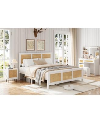 King Rattan Bed Frame Headboard Boho Platform Metal Slats Noise Free No Box Spring