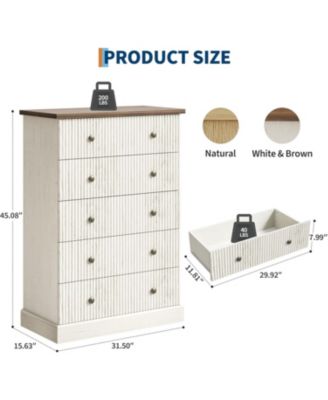 5 Drawer Tall Dresser for Bedroom, Fluted Vertical Chest of Drawers, Wood Storage Dresser with Metal Handles