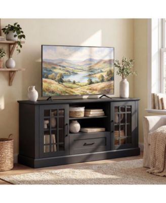 Farmhouse TV Stand for TVs up to 70'' Entertainment Media Center Storage Cabinet w/Glass Doors