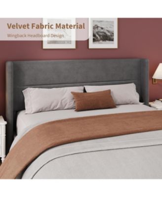 King Velvet Bed Frame with Wingback Headboard, Upholstered Platform Bed with Wood Slats