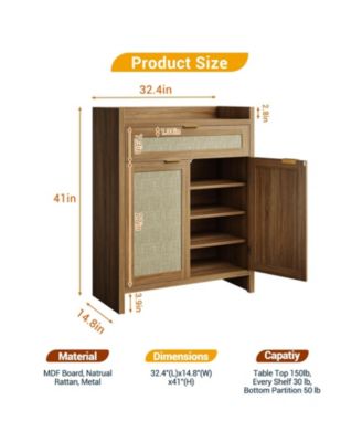 Modern Rattan Shoe Cabinet with Storage, 32   Boho Style Shoe Organizer Storage Cabinets, 5-Tiers Wooden Shoe Rack Organizer