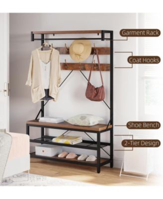 72" Industrial Hall Tree with Shoe Bench, Storage Shelf and 8 Double Hooks