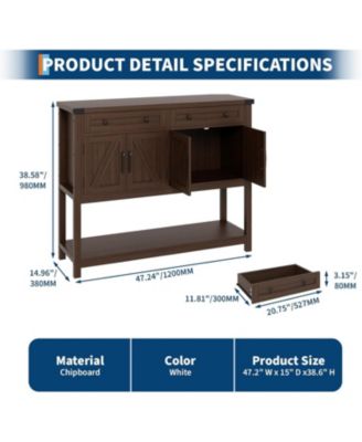 Sideboard Buffet Cabinet with Storage - 47.2" Entry Way Table with Drawers, Barn Doors & Shelf, Modern Farmhouse Narrow Sideboard