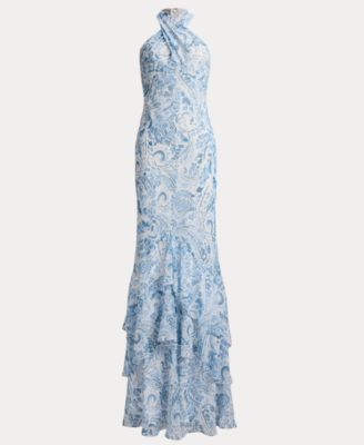 Paisley Crinkle Georgette Halter Gown