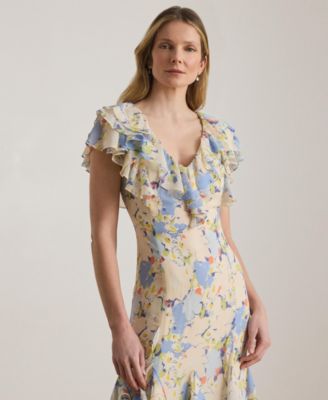 Floral Ruffle-Trim Georgette Gown