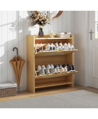 Wooden Shoe Cabinet with Rattan Doors, Flip Drawer Shoe Storage Cabinet with Adjustable Shelves, Narrow Hidden Entryway Shoe Cabinet