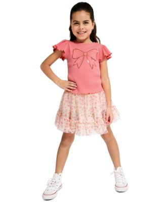 Girls' 4-6X Flutter Sleeve Ribbed Top and Printed Tulle Skort, 2-Piece Set