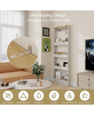 Behind Door Bookshelf - Wooden Slim Tall Bookcase with 4-Tier Shelves and 5 Hooks, Narrow Storage Cabinet for Living Room, Study Room