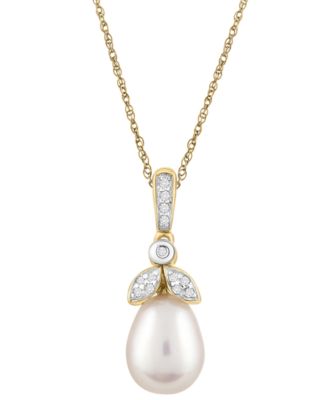 Cultured Freshwater Pearl (10x7mm) & White Diamond (1/20 ct. t.w.) Pendant Necklace in 10k Yellow Gold