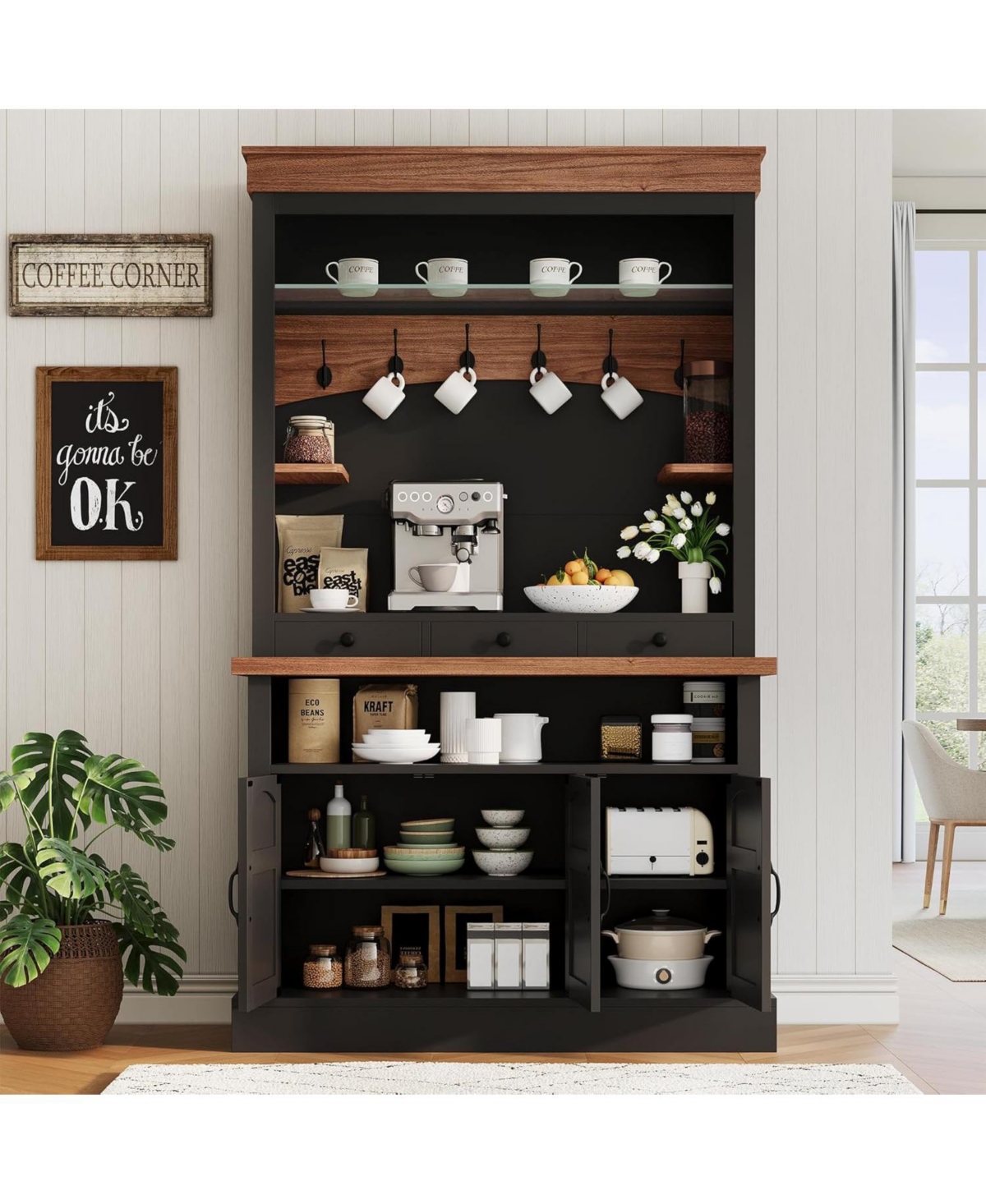 gaomon Coffee Bar Cabinet with Led Light, 72 Tall Farmhouse Hutch Storage, Sideboard Buffet Microwave Stand