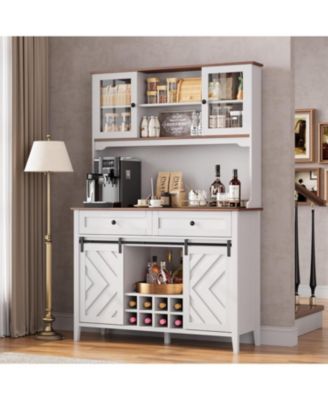72" Sliding Barn Door High Bar Cabinet Farmhouse, Large Kitchen Buffet with Hutch Wine Storage