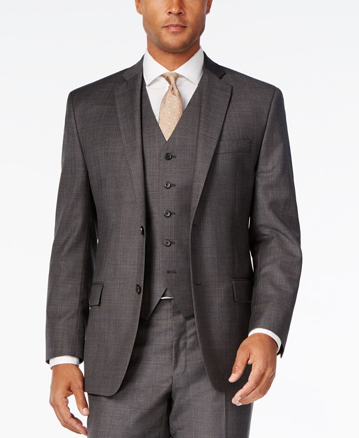 Michael Kors Men's Classic-Fit Charcoal Windowpane Plaid Vested Suit ...