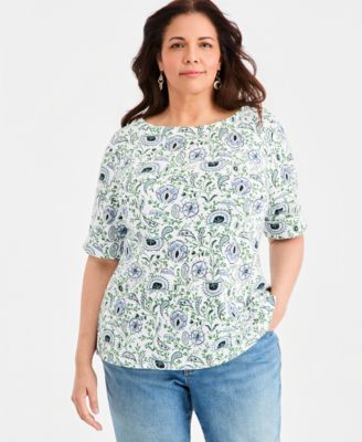 Plus Printed Boat-Neck Elbow-Sleeve Top