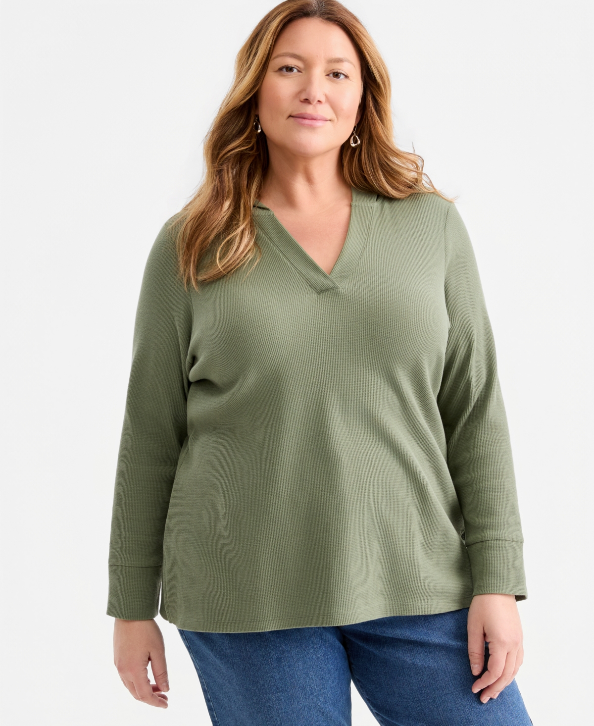 Style & Co Plus Long-Sleeve V-Neck Waffle-Knit Hoodie, Macy's Exclusive