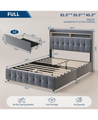 Full Bed Frame with Headboard & 2 Storage Drawers, Upholstered Platform Bed with LED Lights, USB Charging Station