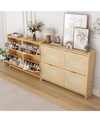 Rattan Shoe Storage Cabinet with 4 Flip Drawers, Free Standing Narrow Shoe Organizer Cabinet with Rattan Doors, Wooden Shoe Rack