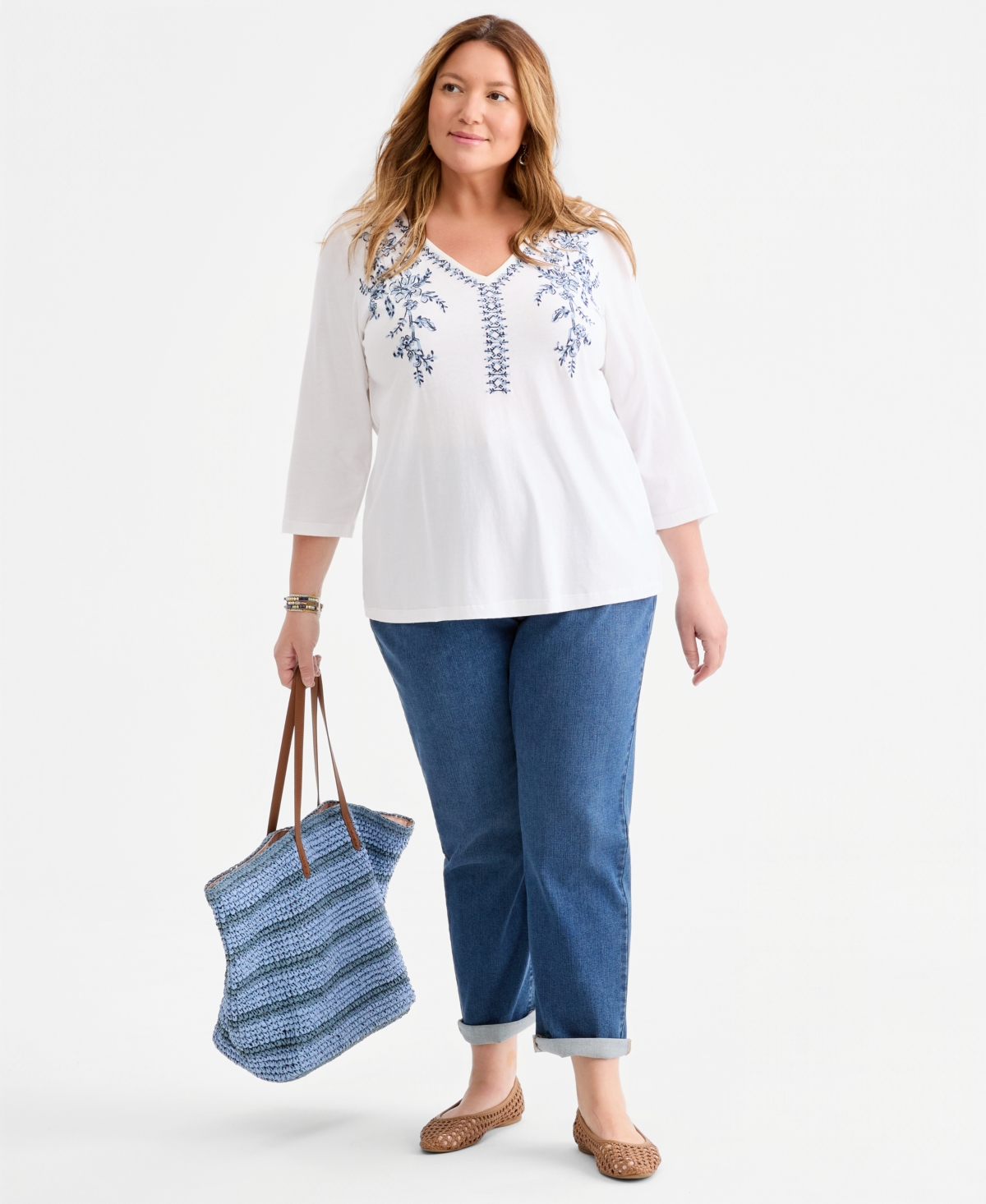 Style & Co Plus Embroidered Split-Neck 3/4-Sleeve Top, Macy's Exclusive