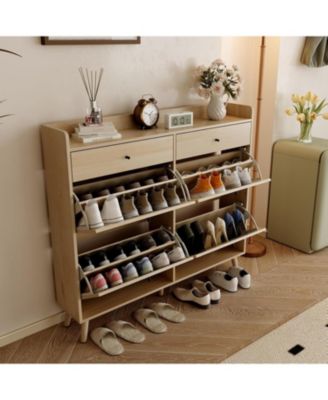 Rattan Shoe Cabinet Storage for Entryway, Shoe Organizer Cabinet with 4 Flip Drawers and 2 Slide Drawers, Hidden Shoe Storage Free Standing