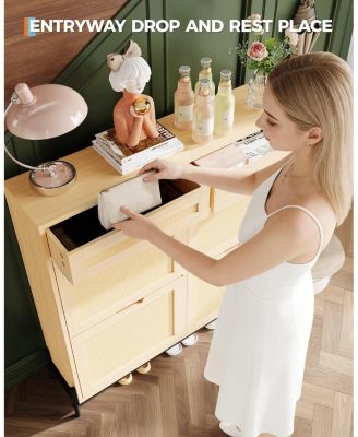 Freestanding Wooden Rattan Shoe Cabinet with 4 Flip Drawers and 2 Top Drawers