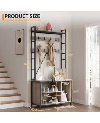 36.4" Industrial Freestanding Hall Tree with Coat Rack, Bench and Shoe Storage