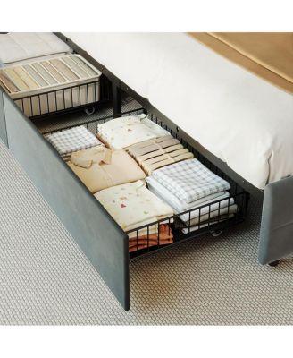 Queen Bed Frame with Headboard & 2 Storage Drawers, Upholstered Platform Bed with LED Lights, USB Charging Station