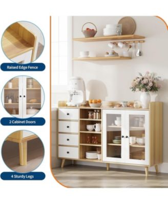 Farmhouse Sideboard Buffet Cabinet with Adjustable Shelves Glass Doors and Open Storage for Kitchen Dining and Entryway Wood