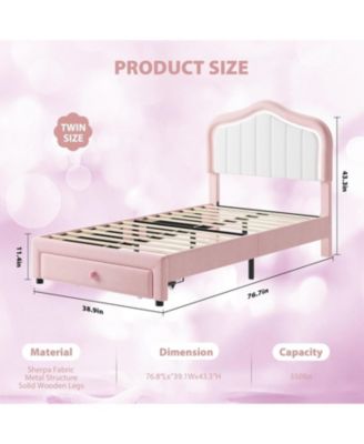 Bed Frame with LED Lights Storage Drawer Velvet Platform for Kids Wood Slats