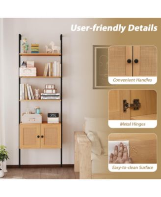 Ladder Bookshelf 5 Tier with Rattan Cabinet and Metal Frame