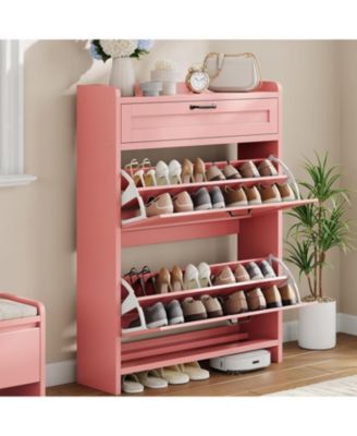 Shoe Cabinet with 2 Flip Drawers & 1 Top Drawer, Wooden Shoe Organizer Cabinet with Adjustable Shelf, Freestanding Shoe Storage Cabinets
