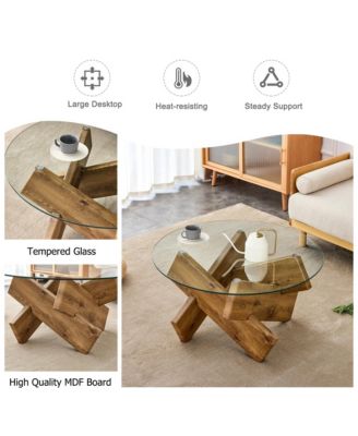 Round Glass Top Coffee Tables, Modern Unique Center Table with Crossed Wood Legs for Living Room