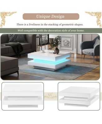 2-Tier Square Coffee Table, Modern High Gloss LED Center Table with Storage for Living Room and Home Office