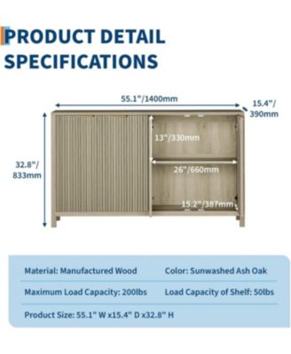 55" Fluted Buffet Cabinet with Storage, Modern 4-Door Accent Sideboard with Adjustable Shelf