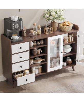 Farmhouse Sideboard Buffet Cabinet with Adjustable Shelves Glass Doors and Open Storage for Kitchen Dining and Entryway Walnut