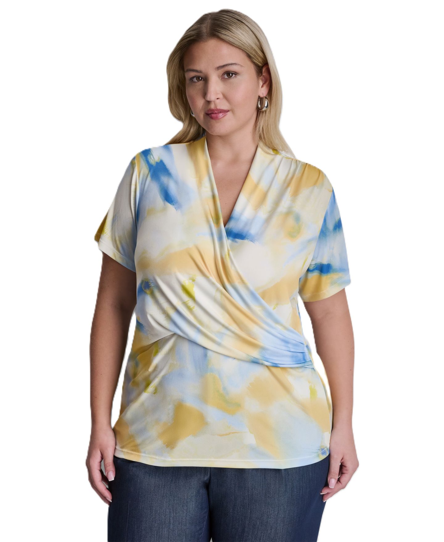 Женский топ DKNY Plus Size V-Neck Short-Sleeve Wrap Top, цвет: Синий разноцветный — фото 1