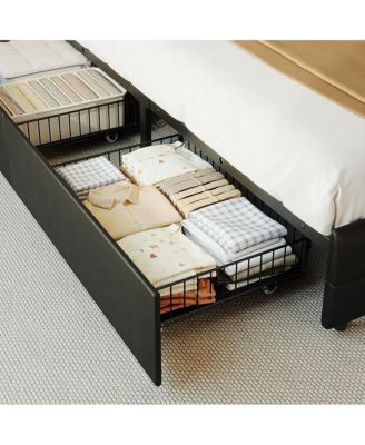 Queen Bed Frame with Headboard & 2 Storage Drawers, Upholstered Platform Bed with LED Lights, USB Charging Station