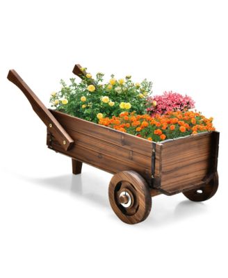 Decorative Wagon Cart Plant Flower Pot Stand Wooden Raised Garden Planter Box