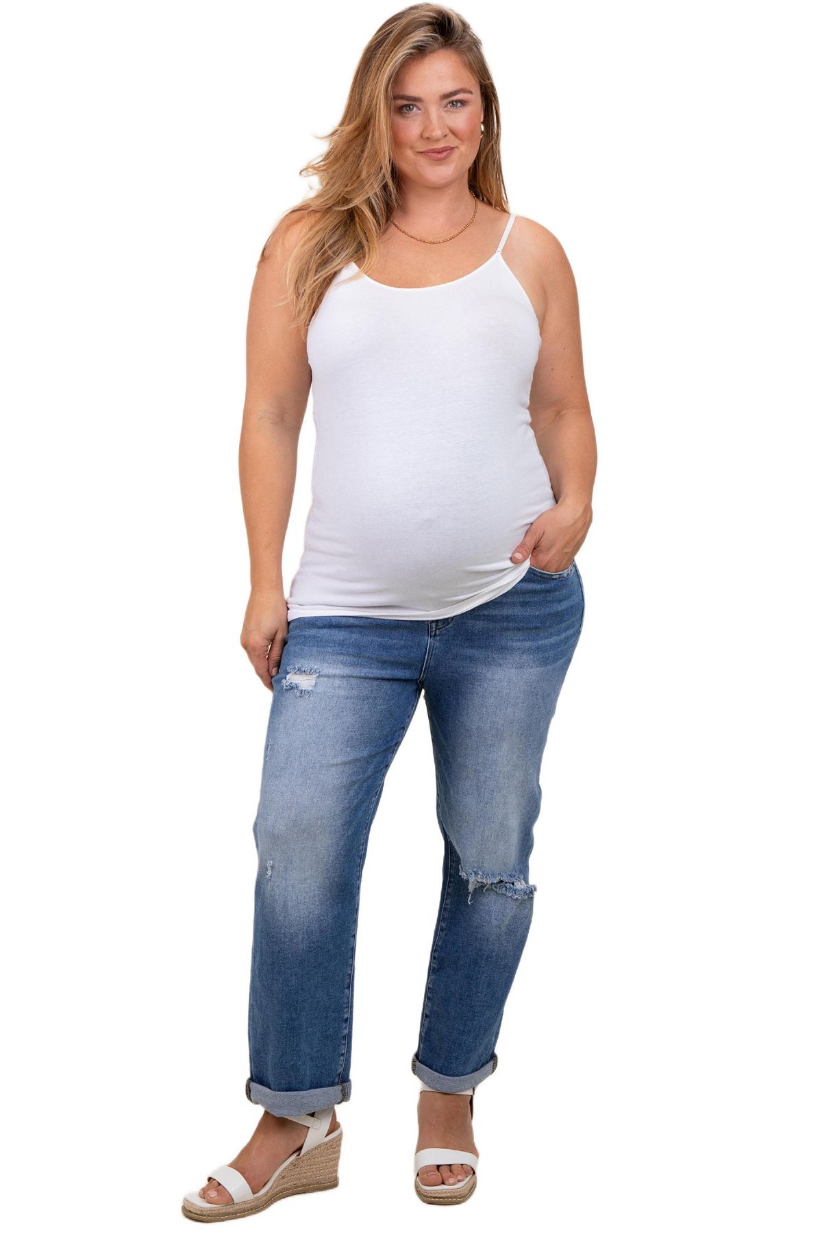 Pinkblush Women's Maternity Rolled Hem Distressed Straight Leg Plus Jeans view 1 — MAYCSS fashion products