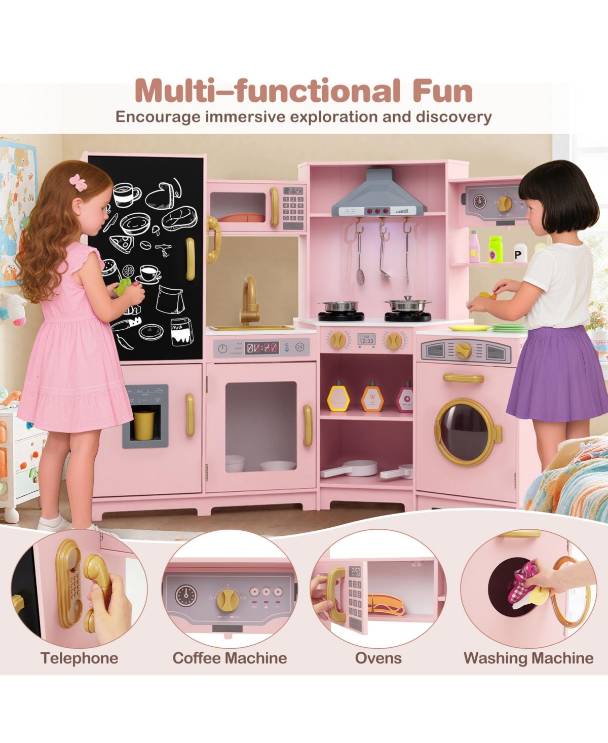 Sugift Corner Wooden Play Kitchen with Lights and Sounds Large Pretend Play Kitchen Set