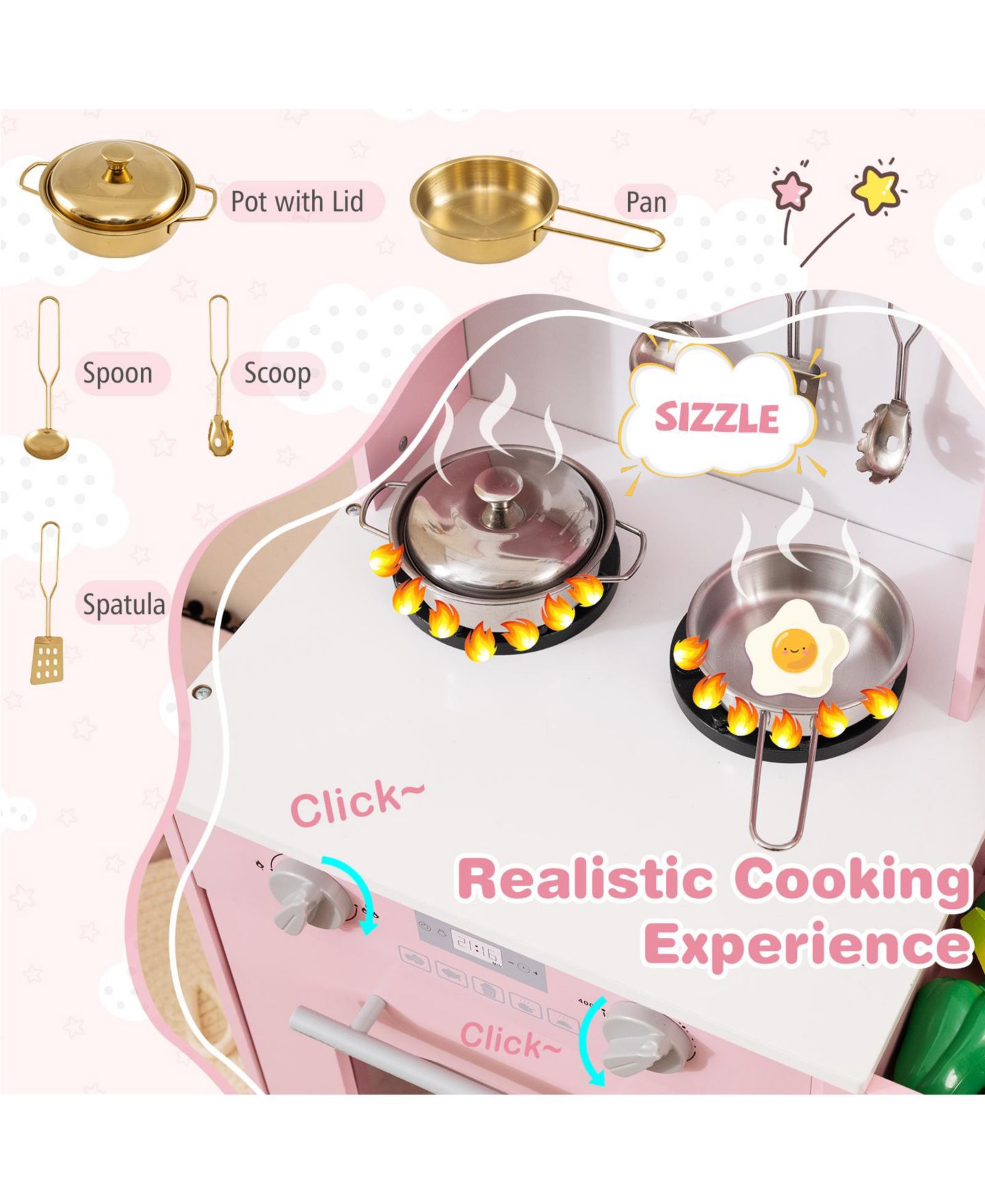 Детская игрушка Mecale Wooden Chef Height-Adjustable Play Kitchen, Ages 3+, цвет: Розовый — фото 7