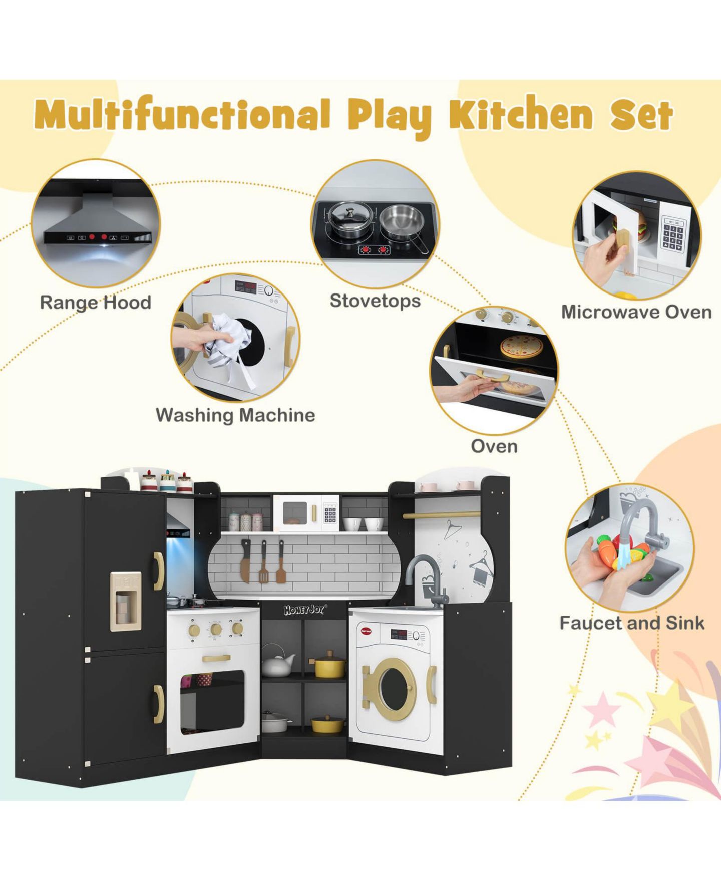 Детские игрушки Costway Corner Play Kitchen with Working Ice Maker, 13-Piece Set, Ages 3+, цвет: Чёрный — фото 5