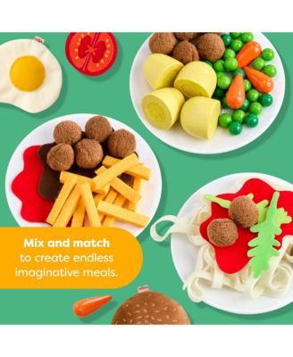 Creative Play Meal Kit Playset: Play Food for Kids Kitchen with Wooden and Fabric Ingredients and Recipe Cards, 80+ Toy Kitchen Accessories for 3