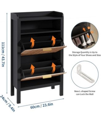 Narrow Fluted Shoe Storage Cabinet with 2 Flip Drawers and Legs