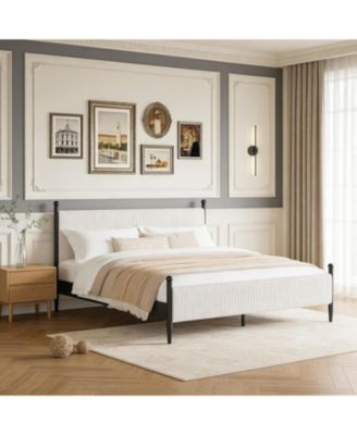 King Upholstered Bed Frame with Velvet Headboard, Corduroy Platform, Wood Slats.