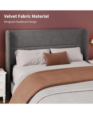 Full Velvet Bed Frame with Wingback Headboard, Upholstered Platform Bed with Wood Slats