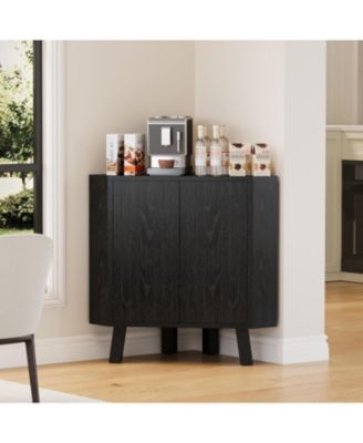 industrial 3 tier wooden corner cabinet with adjustable shelves and doors—freestanding triangle design for space saving living room storage.