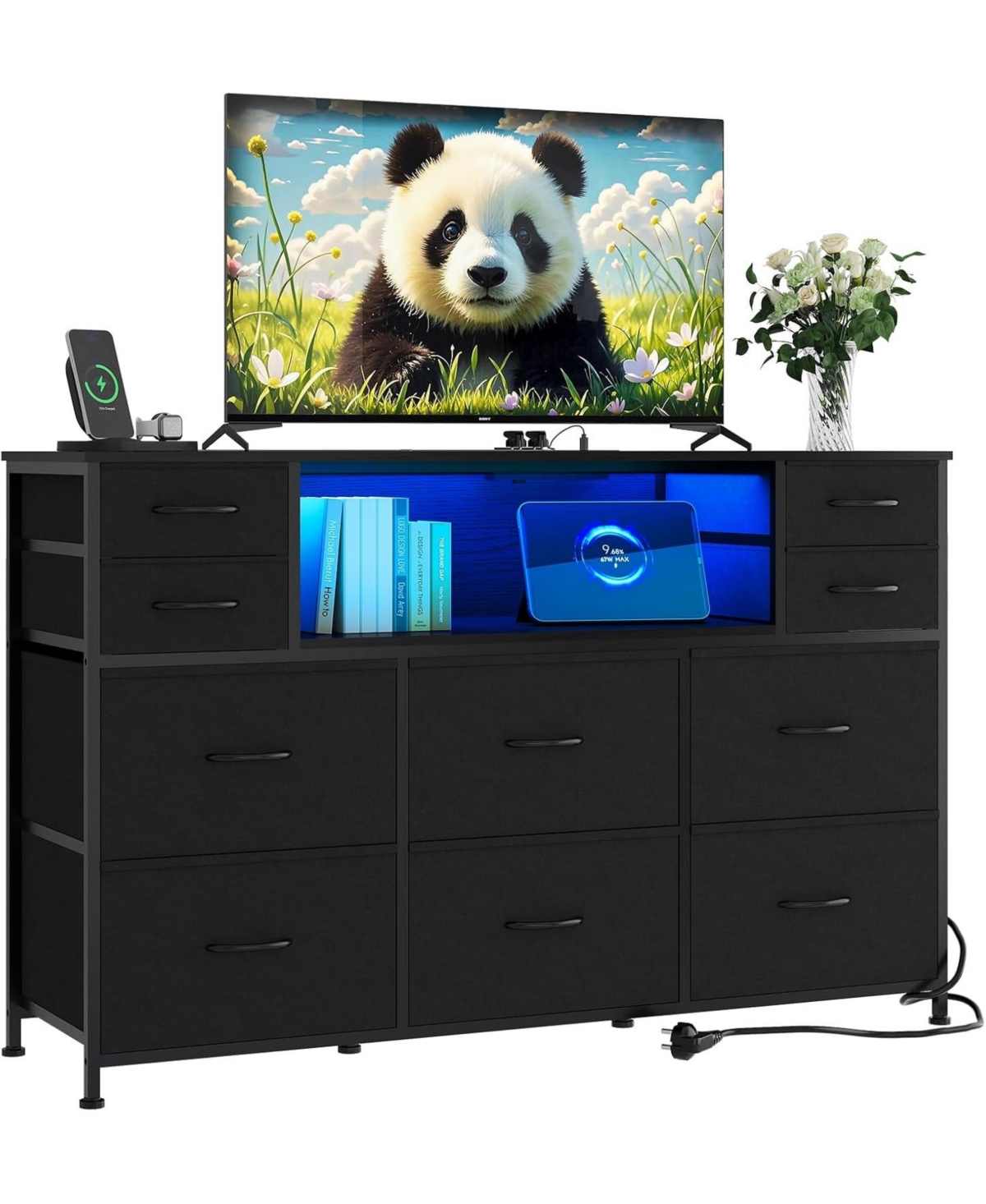 gaomon 10 Fabric Drawers Dresser, Entertainment Center Tv Stand with Power Outlet & Led Light for 45"-55" Tv, Chest of Drawers with Wood - B