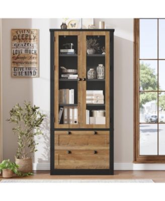 Tall Kitchen Pantry Cabinet - Modern Display Storage Cabinet with 2 Large Drawers, Glass Doors, and Adjustable Shelves